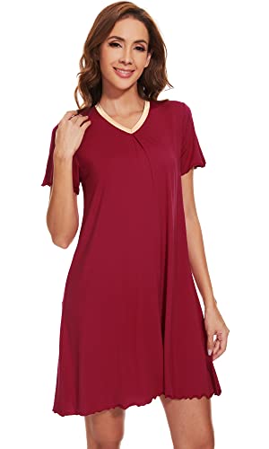 Wiwi Bamboo Nightgowns For Women Soft Pleated V-Neck Sleep Dress Short Sleeve Sleepwear Casual Sleepshirt S-Xxl, Garnet, Xx-Large #TOP3