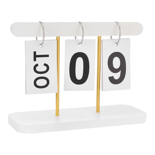 NBEADS Calendrier journalier de bureau, calendrier à rabat en métal avec base en bois, porte-calendrier de table pour salles de classe, décorations de bureau, accessoires de bureau, blanc, 200 x 80 x