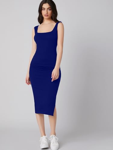 Image of Aahwan Royal Solid Bodycon Square Neck Midi Side Split Thigh Dress for Women's & Girl's