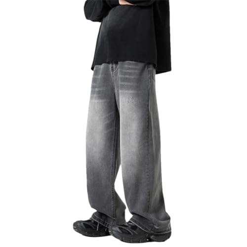 Men Washed Jeans Street Trousers Solid Color Wide Leg Pant Button Streetwear Denim Pants Black 4XL