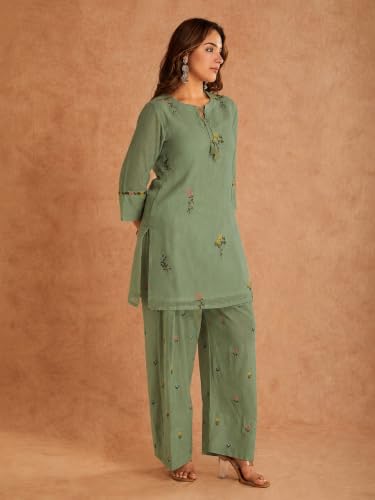 Image of ANNI Designer Farshi Salwar Suit for Women Viscose Embroidered | Co Ord Set for Woman | Straight Kurta Palazzo Outfit Round Neck V Slit 3 /4 Sleeve Ethnic Dress Womens Clothing