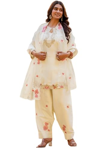 The Red Lion Enterprise Women Patiala Suit Set Japan Satin Kurti with Dhoti Dupatta Punjabi Festive Wedding Wear Outfit (US, Alpha, Medium, Regular, Regular, Off White)