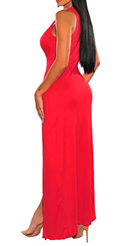 Image of Women's Plus Size Maxi Wrap Dress Sleeveless Deep V Neck Split Dress | Elegant front slit,formal evening, party,club,side split,sleeveless maxi dress