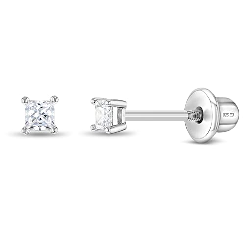925 Sterling Silver 2mm-5mm Cubic Zirconia Princess Square Cut Screw Back Earrings For Babies, Infants, Toddlers & Little Girls - Hypoallergenic Safe for Sensitive Ears - Birthday Gift Idea