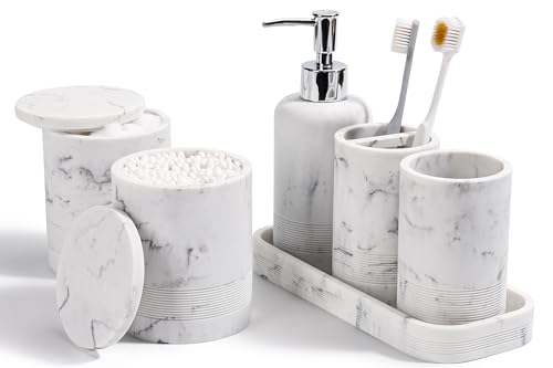 Bathroom Accessories Set, 6-Piece Bathroom Accessory Set, Toothbrush Holders Set, Soap Dispenser, Vanity Tray, Tumbler, Cotton Swab Jars, Bathroom Organizer for Modern Bathrooms (Marble White)