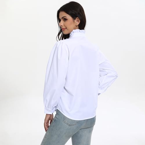 SUNNOW Women's White Button Down Shirt Ruffle Stand Collar Long Sleeve Blouse Business Casual Top3