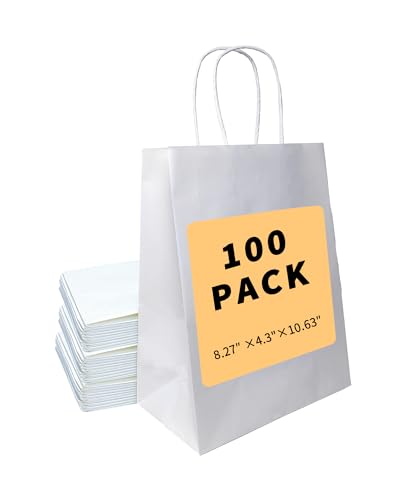 BAG BOX 100 Pack 8.25x4.3x10.6 Inch White Gift Bags with Handles Bulk Kraft Paper Bags for Shopping Retail Merchandise Wedding Party Favors Paper Grocery Sacks