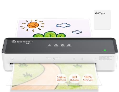 Bonsaii A4-Laminiergerät, verhindert Klemmen und Wellen, geeignet für Büro und Privathaushalt, 80–100 Mikrometer, inklusive 5 Blatt A4-Laminierfolie, L421-A