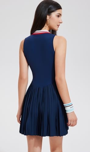 AFZ Women Pleated Golf Collared Dress Color Block V Neck Polo Tennis Athletic Pickleball Outfits2