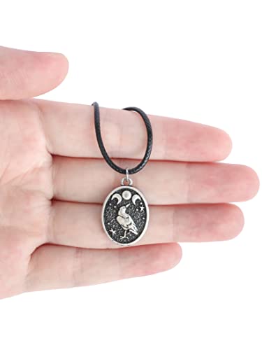 Haquil Raven Necklace, Wiccan Raven Triple Moon Goddess Charm Pendant Faux Leather Cord, Raven Jewelry Gift #TOP1