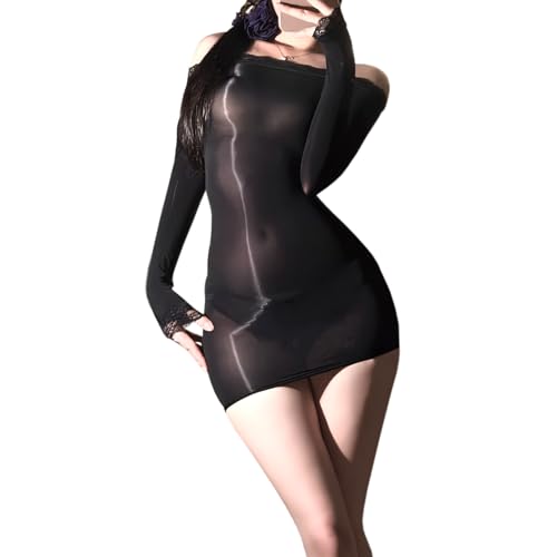 Women'S Oil Shiny Bodystocking Lingerie Dress sheer Bodycon Dress One Shoulder Lace Full Body Stocking, Black, One size
