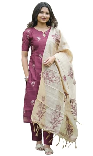 Image of Sun Fashion And Lifestyle Kurta Sets for Woman | Kurti Set | Women's 3 Piece Kurta Pant Dupatta Set | Chanderi Silk Kurta Woman | Elegant Suit for Women | Dupatta