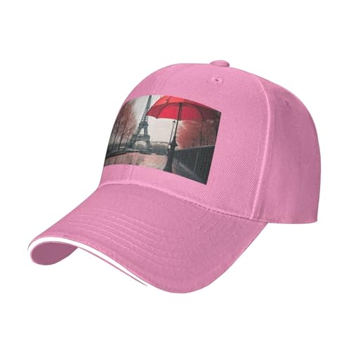 ZTPOWQA Eiffel Tower with Red Umbrella Print Leisure Baseball Cap for Men Women Hat Breathable Summer Outdoor Sport Travel Golf, Pink, One Size