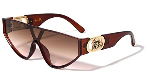 Kleo Epic - Flat Top One Piece Shield Round Bottom Side Coin Lion Head Medallion Hip Hop Sunglasses (Brown Crystal) #TOP24