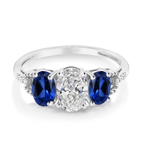Gem Stone King 2.22 Cttw 10K White Gold IGI Certified Lab Grown Diamond and Blue Created Sapphire 3-Stone Engagement Ring | Center Oval Diamond 1.00 Ct | E-F Color | VS1-VS2 Clarity | Size 5,6,7,8,92