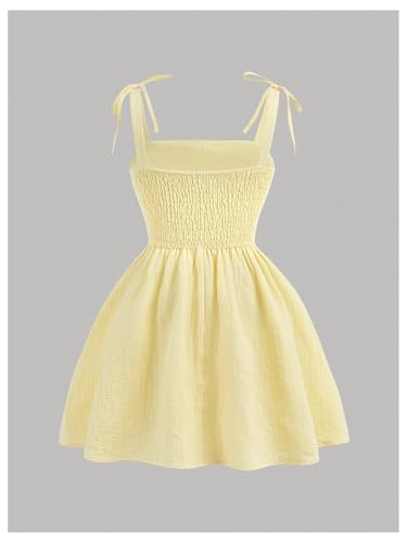 SweatyRocks Girl's Bow Tie Knot Ruched A Line Short Dress Sleeveless Smocked Casual Sundress2