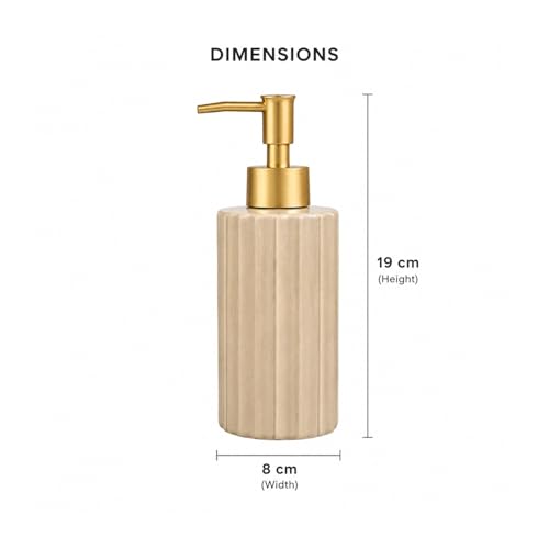 Image of MARKET 99 Beige Stoneware Soap Dispenser (320 ML) | Glossy Liquid Soap & Lotion Holder | Round Grooved Bathroom Countertop Accessory for Hand Wash, Vanity & Wash Basin