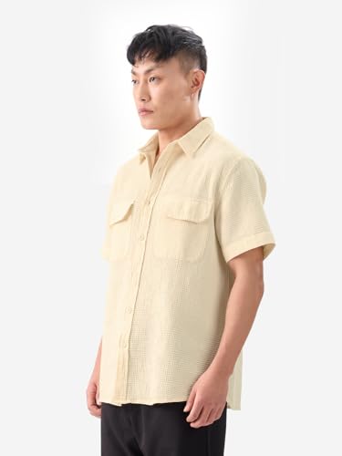 Image of The Souled Store Eggshell White Men and Boys Short Sleeves Collared Neck Button Front Regular Fit Cotton Textured Shirts
