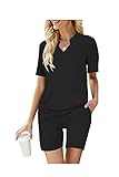 Women 2 Piece Outfits Sets Summer Jogger Suits Sweat Outfits Casual Short Sleeve Outfit Pants Set Black XL