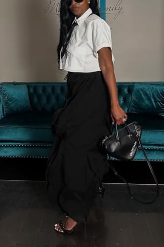 LROSEY Women Baggy Ruffle Wide Leg Pants Trendy Casual Y2k Drawstring Cargo Joggers with Pockets4