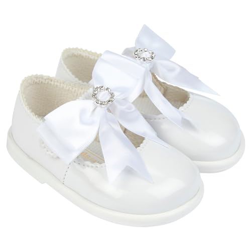 EARLY DAYS Baypods, Toddler Shoes with Hard Sole, Baby Girls First Walking Shoes with Anti-Slip Sole, First Walkers with Bow, Made in The UK, White Patent, 6 UK Child