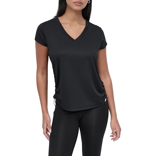 Image of DKNY Women's Short Sleeve V-Neck Tech Ruched Side Seam Active T-Shirt