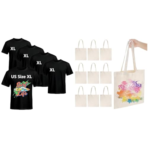 Joyclub Bundle of 5 PCS Black Blank t Shirts and 10 Pack Sublimation Tote Bags Blanks Large 15 x 16 in with Long Handle