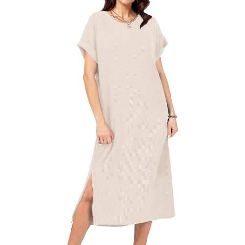 Image of Womens Casual T Shirt Dress Summer Fall Crewneck Loose Fit Side Split Knee Length Dress Ribbed Pattern with Pockets