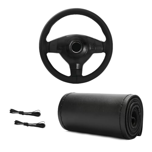 MUQIDA Genuine Leather Steering Wheel Cover, 15 Inches Breathable Stitch on Wrap Steering Wheel Cover, Anti-Slip Auto Wheel DIY Sewing Protector with Needle Thread (Black, Glossy)