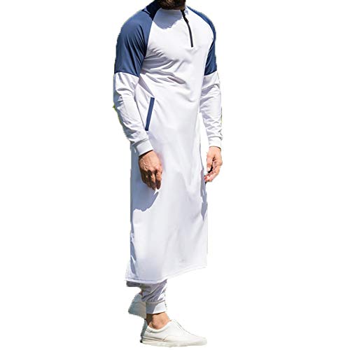 Men s Henley V-Neck Long Sleeve Stitching Cotton Robe Stand Collar Zipper Side Split Pocket Muslim Gown Thobe (White, 2XL)