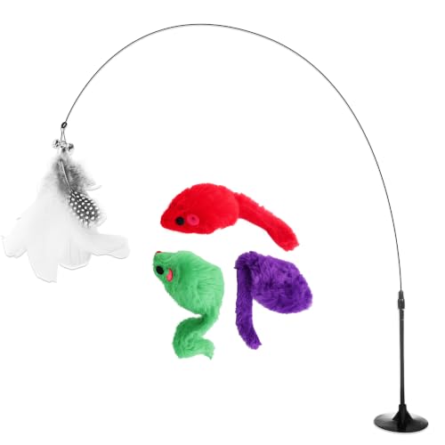 FANCY Jouet Chat Lot 4 Pièces – 3 Souris + Canne à Pêche pour Chat avec Plume et Ventouse – Jouet Chaton Intérieur, Jeux pour Chat