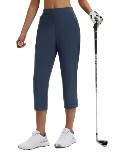 Image of baleaf 20'' Women Capris with Pockets Stretch Golf Work Dress Cropped Pants Straight Leg High Waisted Pull On Summer