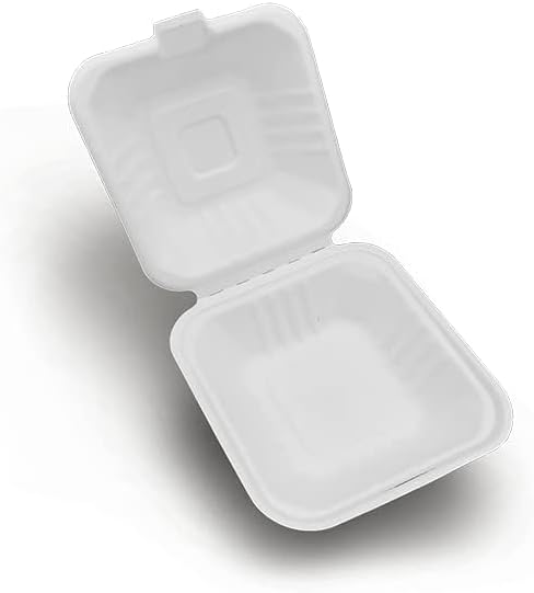 Shop & Shoppee Disposable Square Shape Bento Box with Cover | Biodegradable Sugarcane Fiber | Food Container Clamshell Take Away Box | for Burger, Mini Cakes, Lunch, Cake Box(6*6 inch, 50 pcs, White)