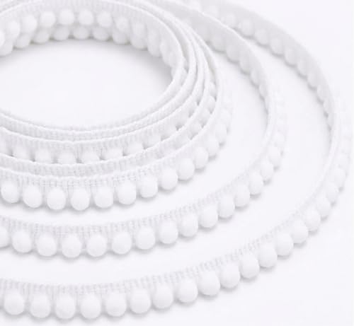 IDONGCAI White Pom Pom Trim 10 Yards Mini Ball Fringe Ribbon for Sewing, Pillow Edging, Curtain, Boho Farmhouse DIY Decor, Soft Tassel Pompom Trim for Crafts & Clothing