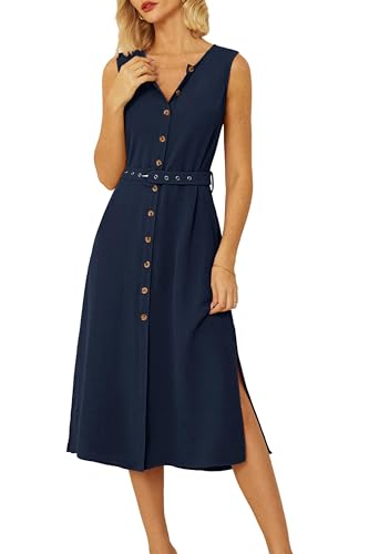 GRACE KARIN Women's Summer Midi Dress Sleeveless V Neck A Line Flowy Elegant Party Dresses with Belt Navy Blue 2XL