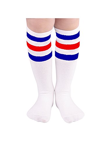 Zando Children Athletic Knee High Tube Socks Cosplay Socks for Kids Boys Girls B White w Blue w Red One Size for 3-5T