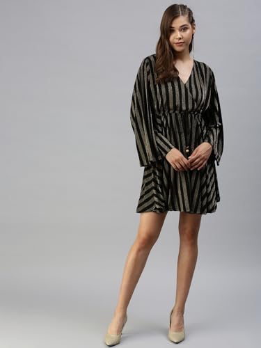 Image of SHOWOFFFF Women Stripe Print Empire Party Dress | V Neck Full Sleeves Lycra Dress for Womens | Above Knee Dress for Women's