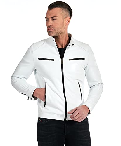 D'Arienzo Veste Cuir Blanc Homme en Agneau Blouson Moto Motard Cuir Véritable Made in Italy Hamilton 48/M/Blanc
