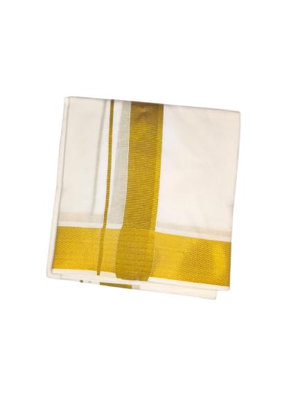Image of Shri Bhargavas Men's Traditional Cotton Dhoti (2.0 Mtrs) + Angavastram (1.75 mtrs) - White Color with Big Golden Border