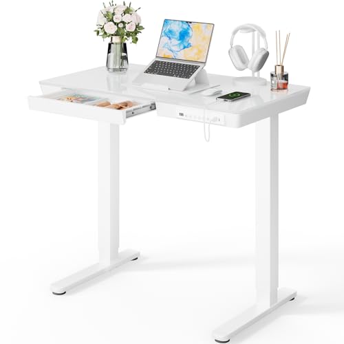 Image of Marsail Glass Standing Desk with Drawer, 35 x 20 inch Electric Standing Desk, Height Adjustable Desk with One-Piece Tabletop & USB Charging Ports, Sit Stand Desk with Storage for Home & Office White