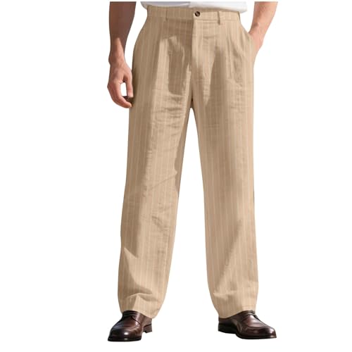 Dress Pants for Men Striped Linen Casual Pant Business Office Wide Leg Trouser Button Waist Trousers with Pockets
