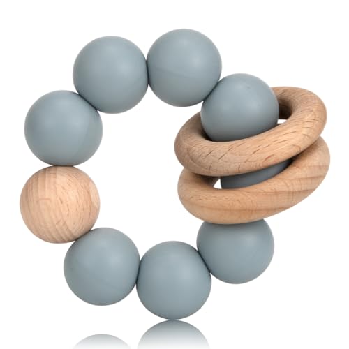 Image of Silicone Baby Teether, Food Grade Silicone & Beech Baby Teething Toy, BPA Free (Blue)