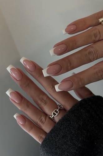 MouyouGlow Press on Nails kurz Ballerina Rosa Nude Weiß French Fake Nails mit Nagelkleber Pink White Tip Acryl Künstliche Fingernägel