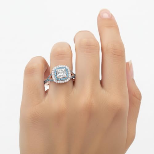 Image of Choose Your Gemstone Delicate Double Halo Diamond CZ Ring Rose Gold Plated Princess Shape Halo Engagement Rings Matching Jewelry Wedding Jewelry Easy to Wear Gifts US Size 4 to 12