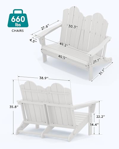 Image of SERWALL Folding Adirondack Bench Set of 2, HDPE All-Weather Adirondack Loveseat, Folding Outdoor Bench, White