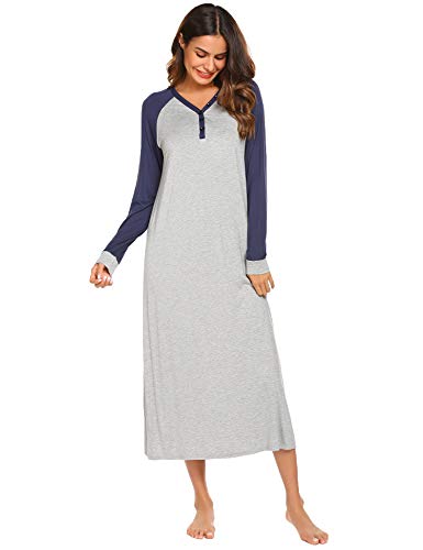 Ekouaer Nightgown Women's Long Sleeve Long Sleep Shirt V Neck Night Dress Sleepwear Loungewear(Navy Blue,M)