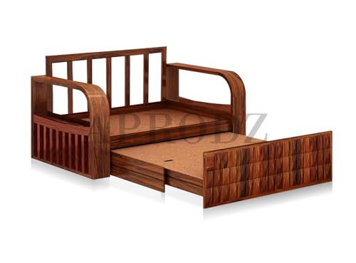 Image of APRODZ Solid Sheesham Wood Sofa Cum Bed 2 Seater Velevt Fabric with Cushions Perfect Sofa Furniture for Home Living Office Room and Guests (Honey Finish 75x51x30-Inch)