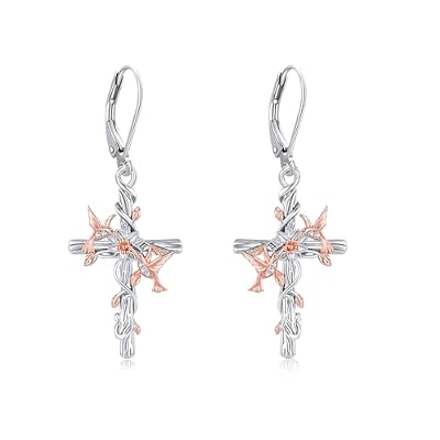 925 Sterling Silver Female Hummingbird Earrings with Cross Heart Flower Earrings, 0.93 inches, Great Gift for Women, Mothers, Daughters etc.