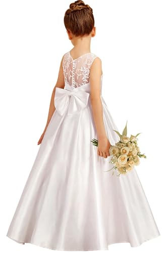 Satin Flower Girl Dresses for Wedding Lace First Communion Dress Girls Junior Bridesmaid Pageant Party Gown with Bow