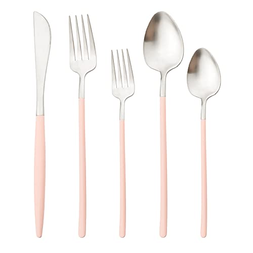Snplowum 30-Piece Morandi Color Silverware Flatware Set for 6, 18/10 Stainless Steel Eating Utensils Cutlery Dinnerware With Pink Handle for Home Dinner Restaurant Party Nice Gift